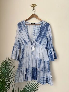Spiaggia Dolce Blue Tiered Tie Dye Swim Cover Up Medium Summer Resortwear